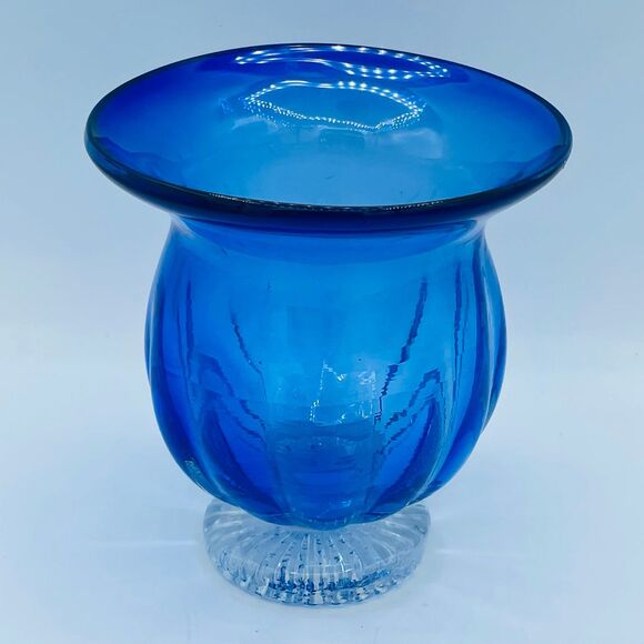 Vintage Cobalt Blue Flared Opening Glass Vase Hurricane Candle Holder Pedestal - Picture 2 of 9